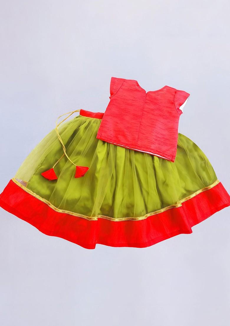 Red Embroidered Blended Lehenga Choli For Girls - Indya