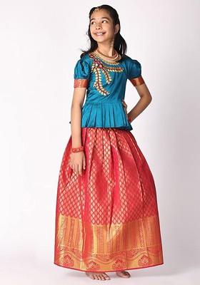 Red Embroidered Blended Lehenga Choli For Girls