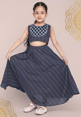 Navy Blue Printed Blended Lehenga Choli For Girls