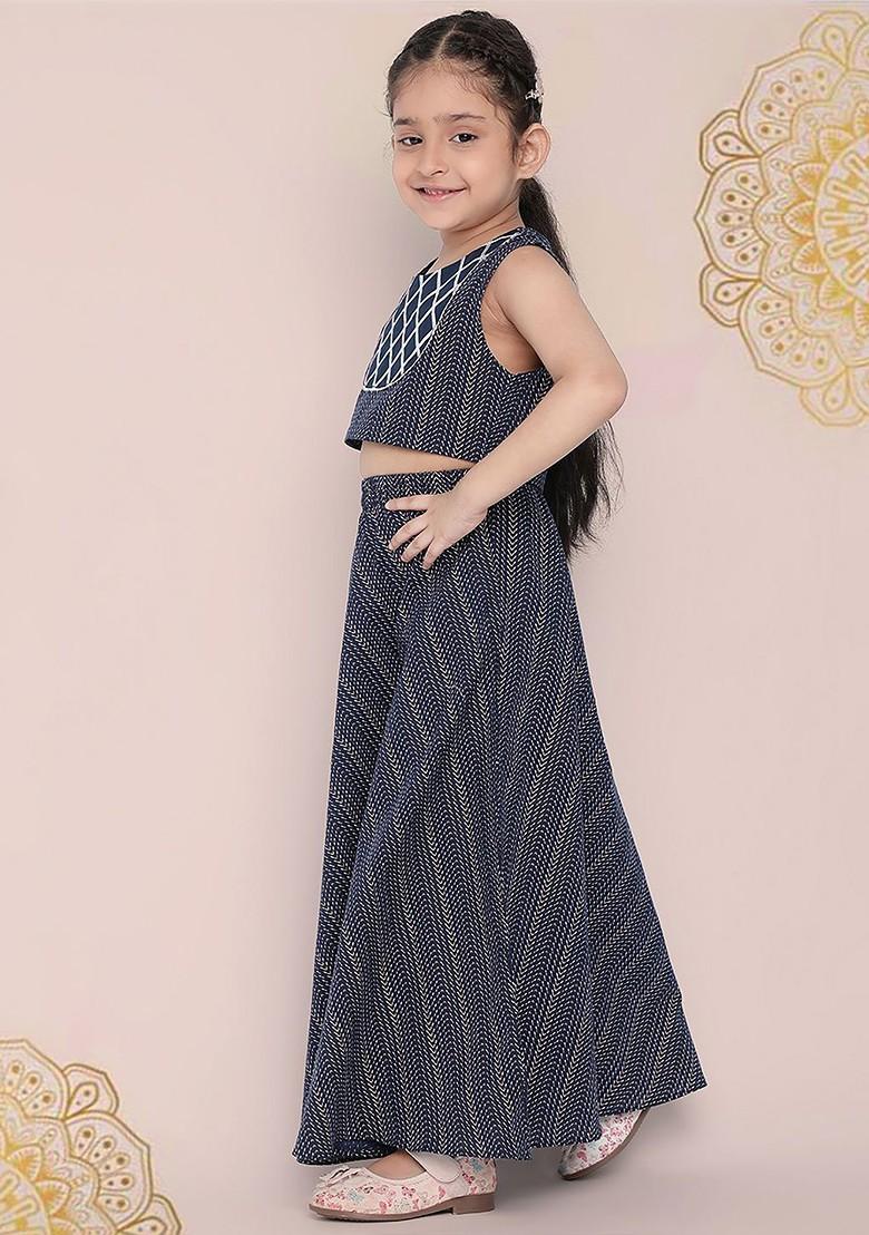 Navy Blue Printed Blended Lehenga Choli For Girls - Indya