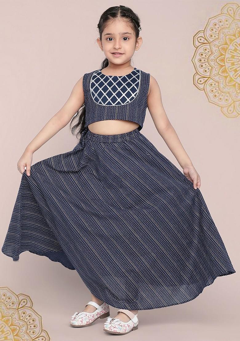 Navy Blue Printed Blended Lehenga Choli For Girls - Indya
