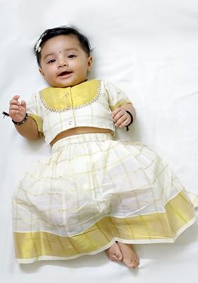 Off White Embroidered Cotton Blend Lehenga Choli For Girls