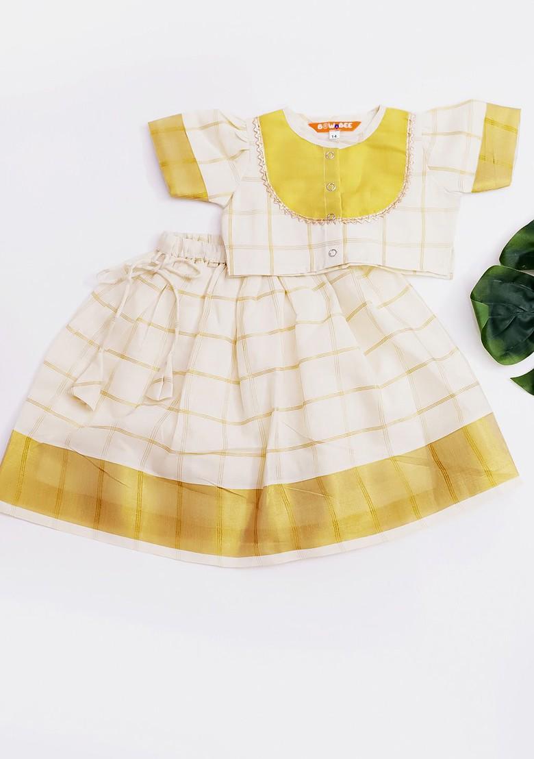 Off White Embroidered Cotton Blend Lehenga Choli For Girls - Indya