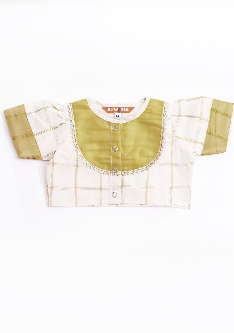 Off White Embroidered Cotton Blend Lehenga Choli For Girls - Indya