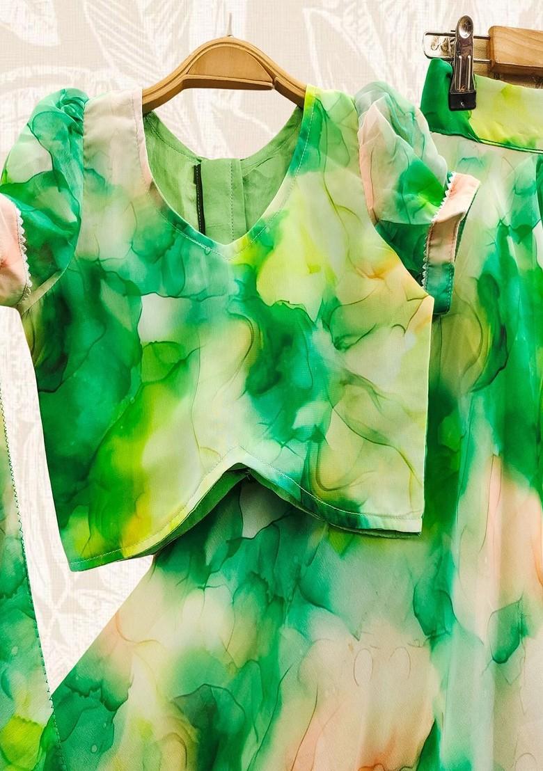 Green Printed Blended Lehenga Choli For Girls - Indya