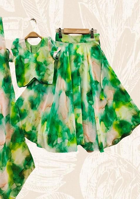 Green Printed Blended Lehenga Choli For Girls