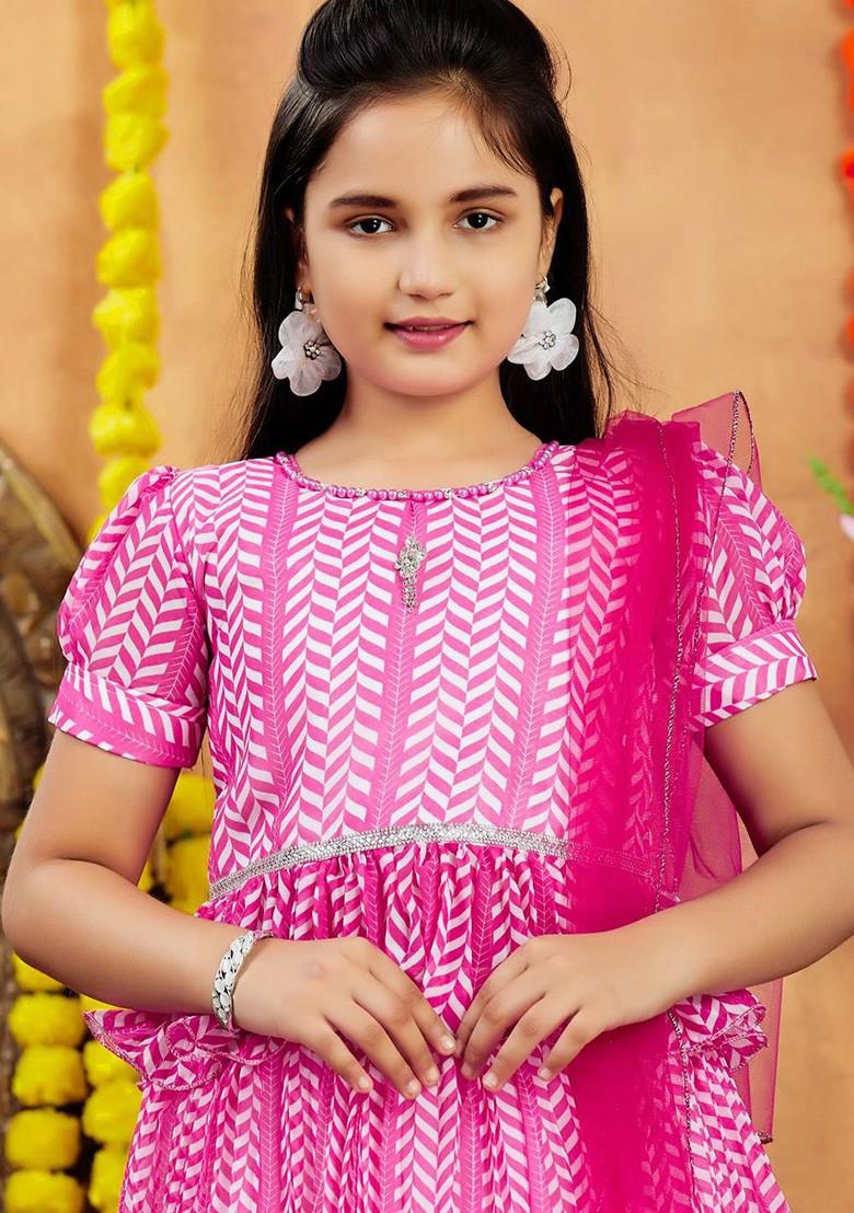 Pink Printed Georgette Lehenga Choli For Girls - Indya