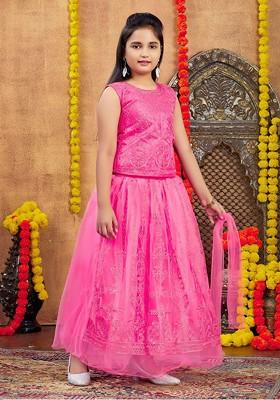 Pink Embellished Blended Lehenga Choli For Girls