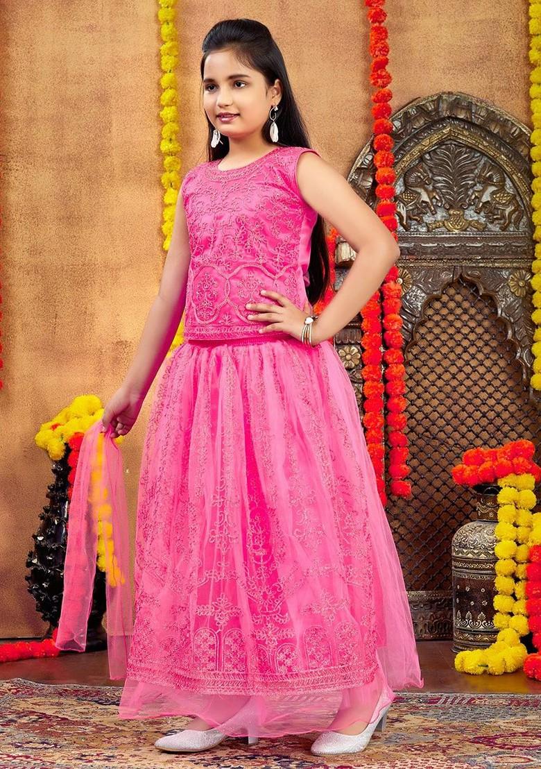 Pink Embellished Blended Lehenga Choli For Girls - Indya
