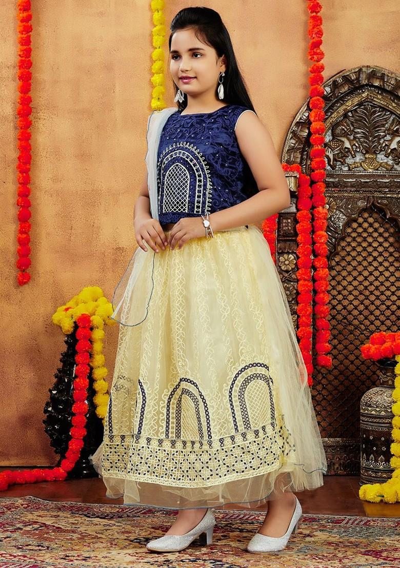 Navy Blue Embellished Blended Lehenga Choli For Girls - Indya