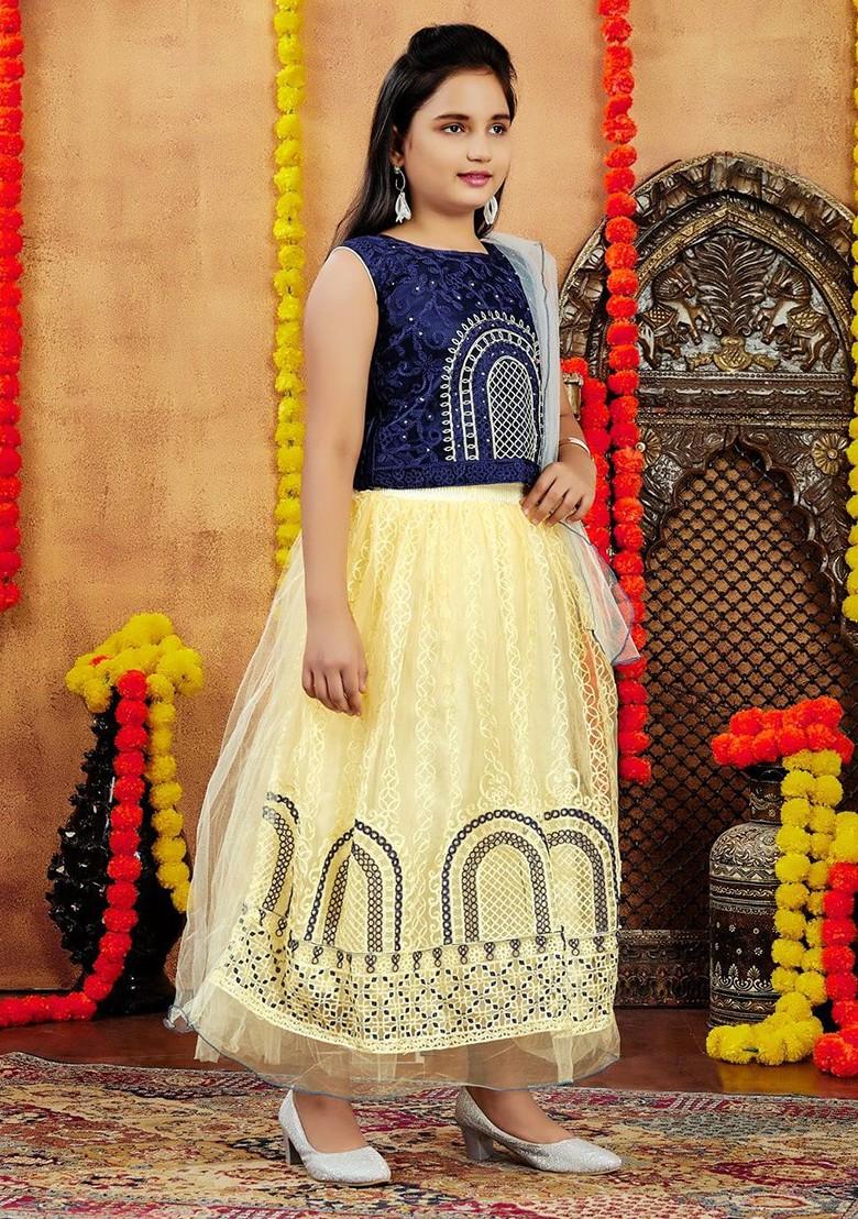 Navy Blue Embellished Blended Lehenga Choli For Girls - Indya