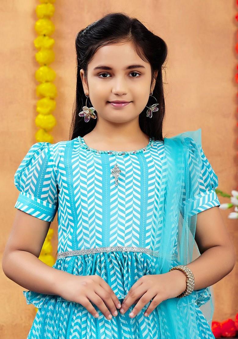 Turquoise Blue Printed Blended Lehenga Choli For Girls - Indya