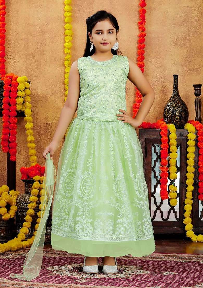 Sea Green Embellished Blended Lehenga Choli For Girls - Indya