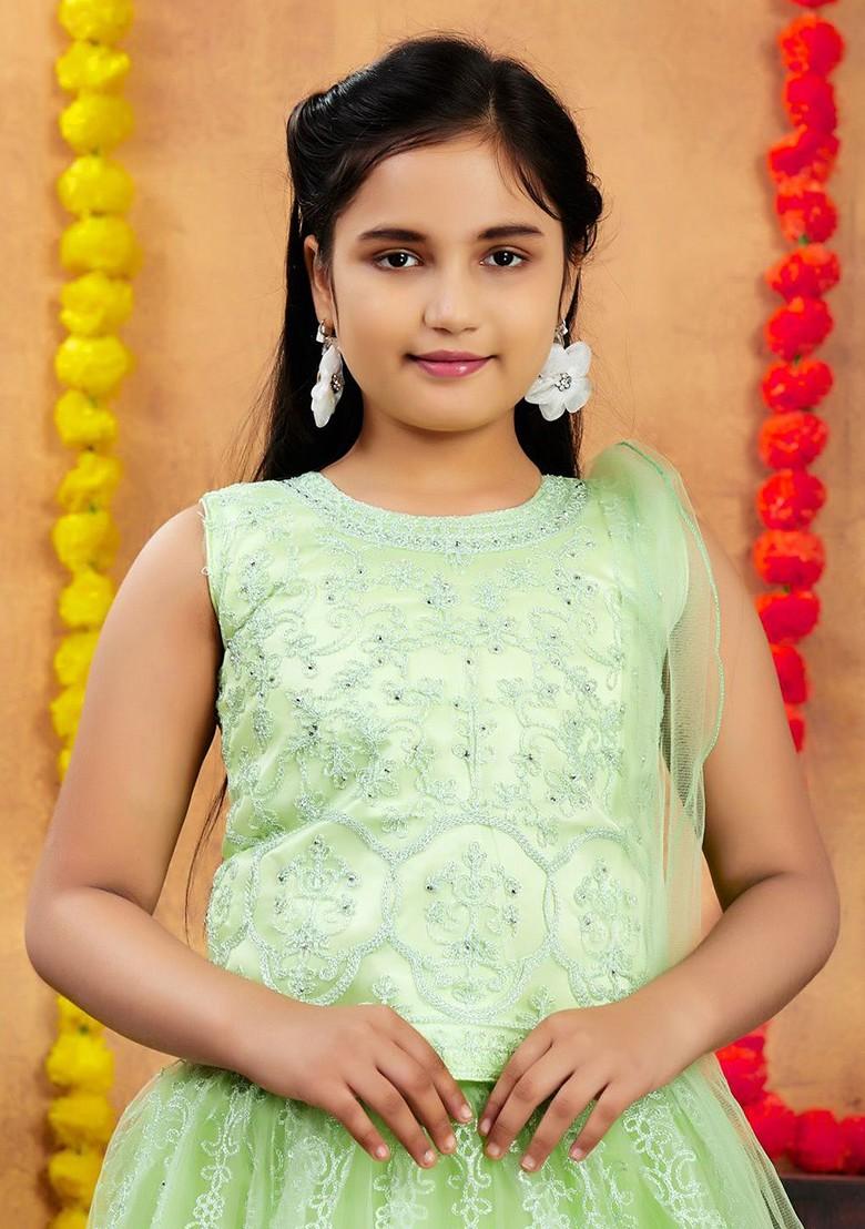 Sea Green Embellished Blended Lehenga Choli For Girls - Indya