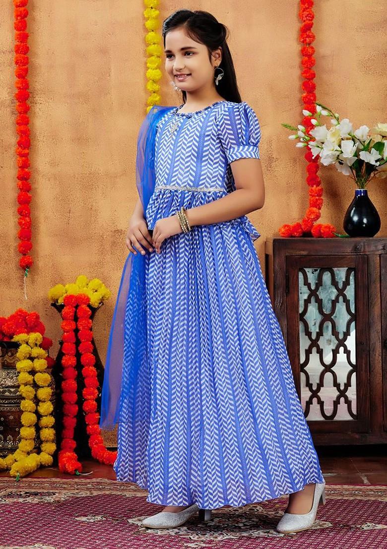 Blue Printed Georgette Lehenga Choli For Girls - Indya