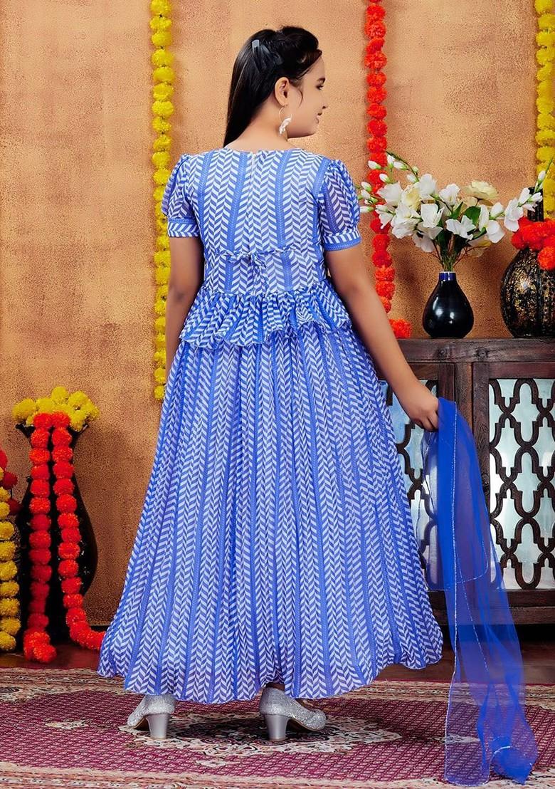 Blue Printed Georgette Lehenga Choli For Girls - Indya