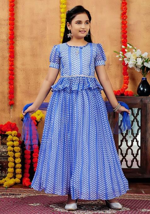 Blue Printed Georgette Lehenga Choli For Girls