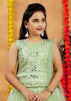 Sea Green Embellished Blended Lehenga Choli For Girls