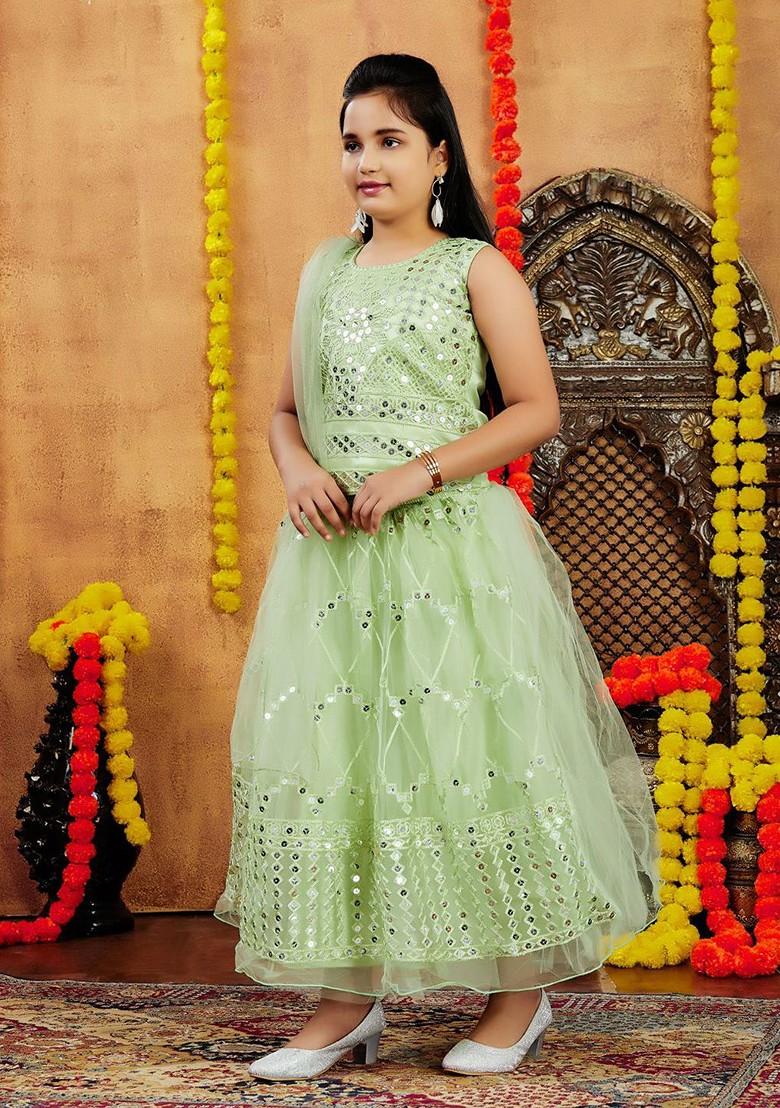 Sea Green Embellished Blended Lehenga Choli For Girls - Indya