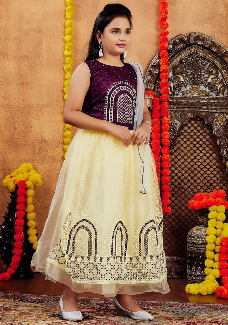 Purple Embroidered Blended Lehenga Choli For Girls - Indya