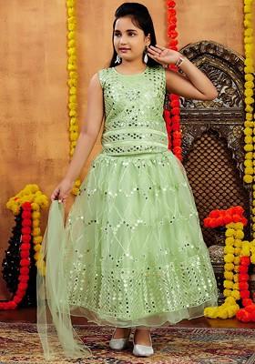 Sea Green Embellished Blended Lehenga Choli For Girls