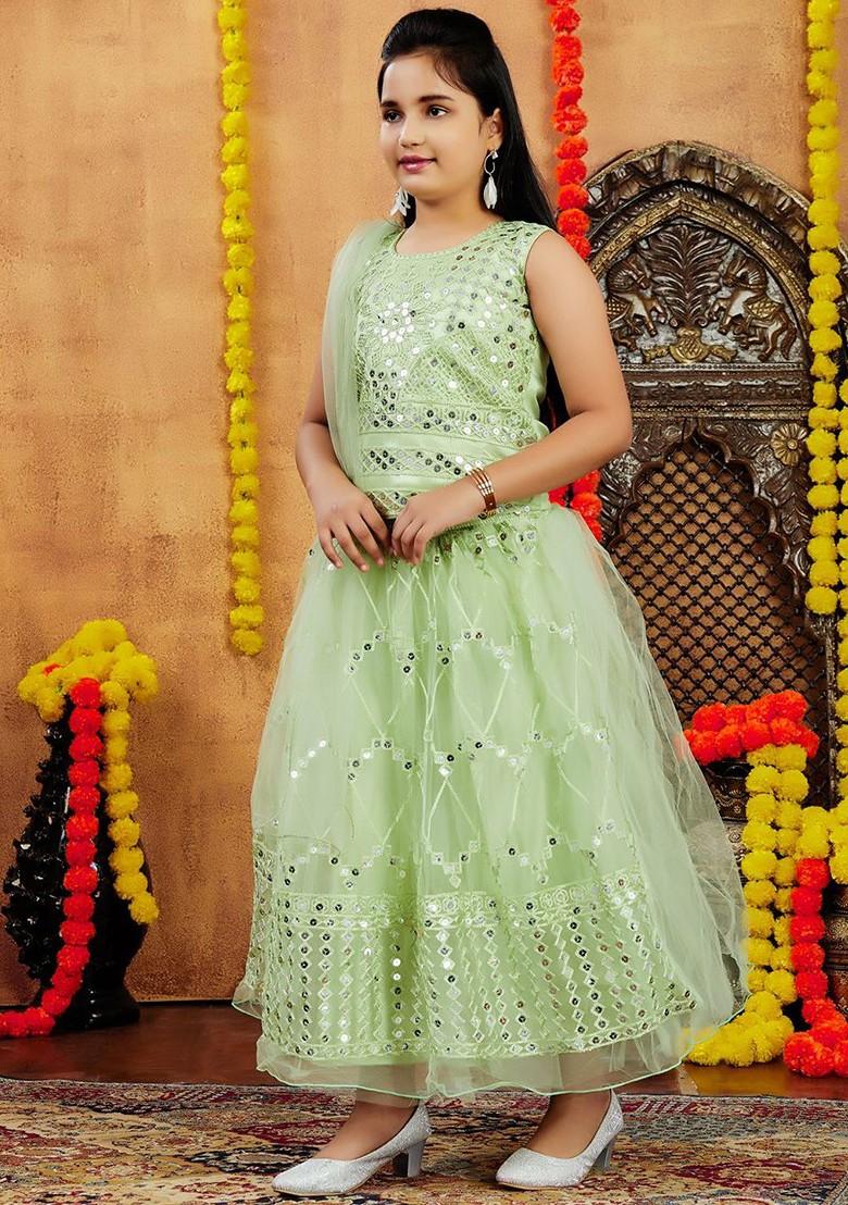 Sea Green Embellished Blended Lehenga Choli For Girls - Indya