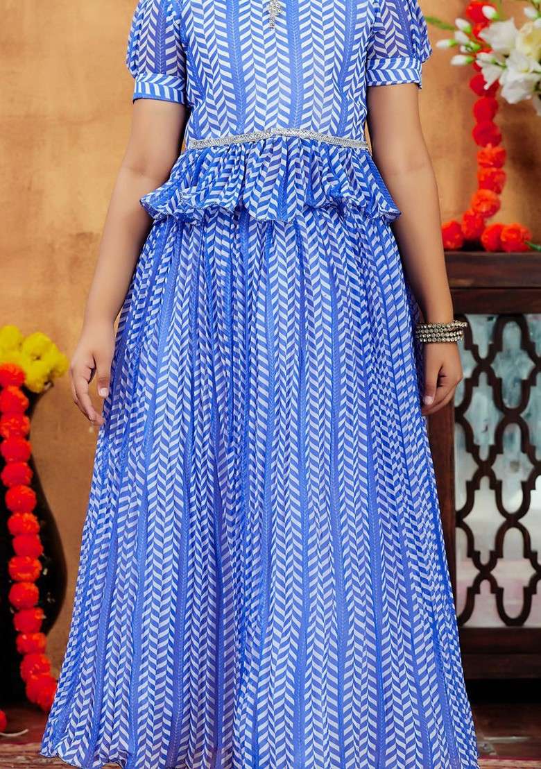 Blue Printed Blended Lehenga Choli For Girls - Indya