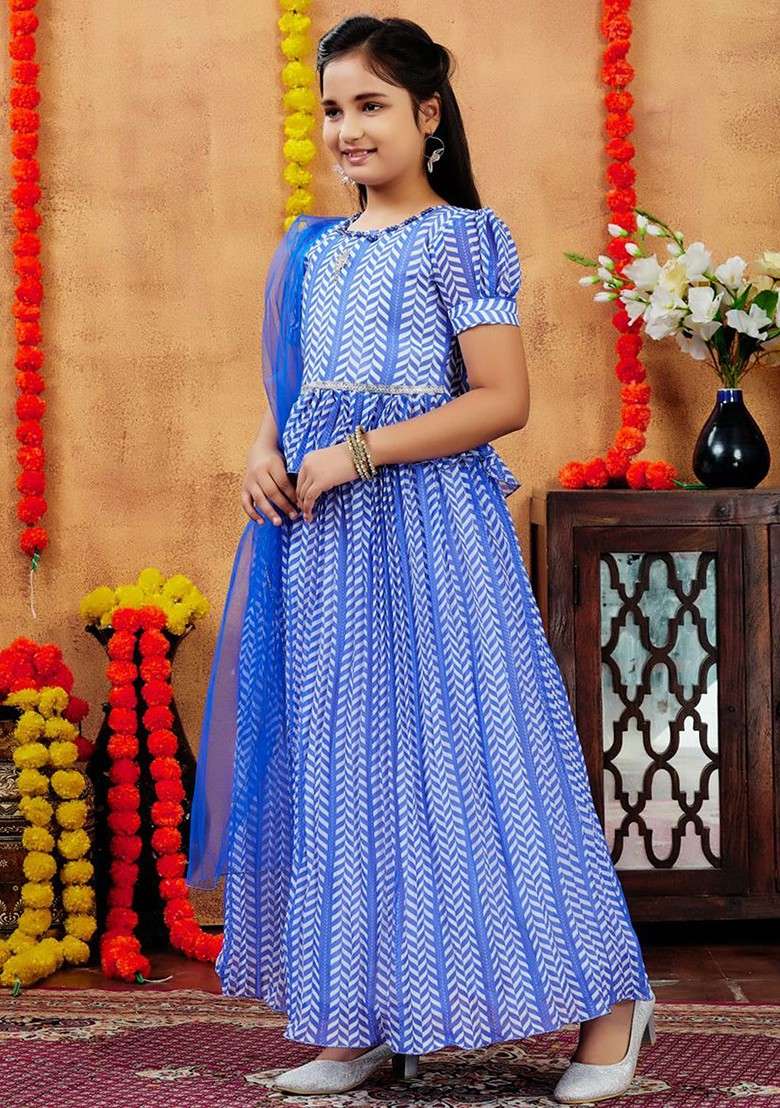 Blue Printed Blended Lehenga Choli For Girls - Indya