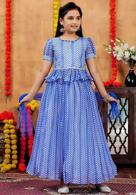 Blue Printed Blended Lehenga Choli For Girls