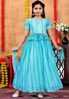 Turquoise Blue Printed Blended Lehenga Choli For Girls