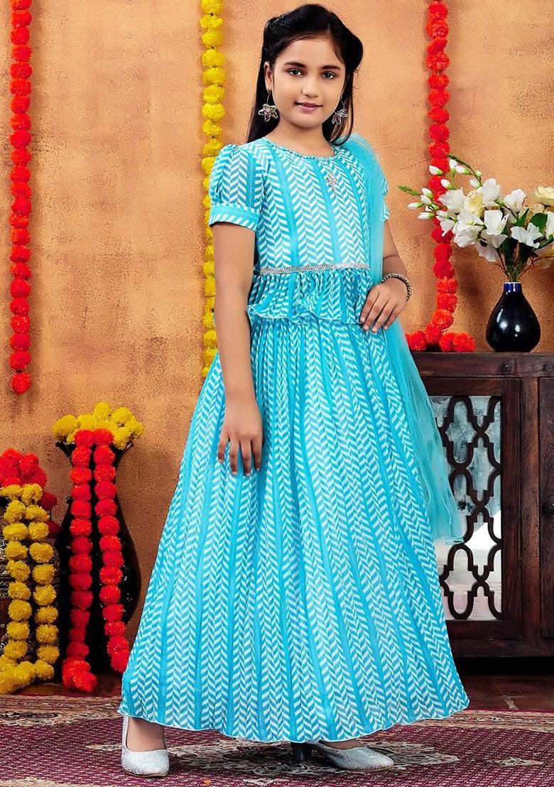 Turquoise Blue Printed Blended Lehenga Choli For Girls - Indya