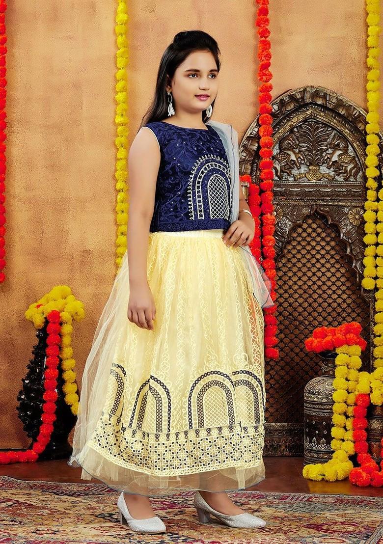 Navy Blue Embellished Blended Lehenga Choli For Girls - Indya