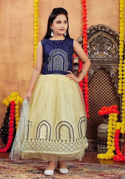 Navy Blue Embellished Blended Lehenga Choli For Girls — view on Indya