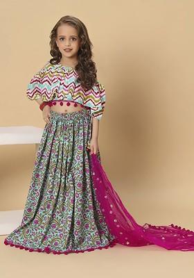 Turquoise Blue Printed Blended Lehenga Choli For Girls