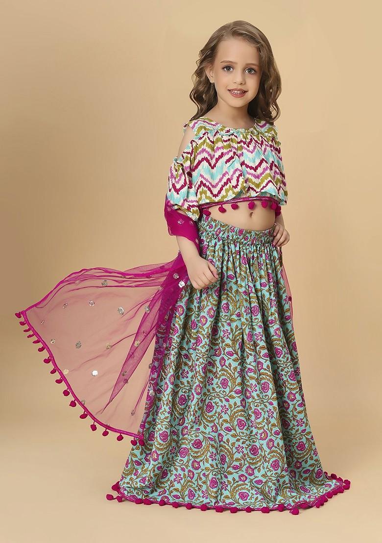 Turquoise Blue Printed Blended Lehenga Choli For Girls - Indya