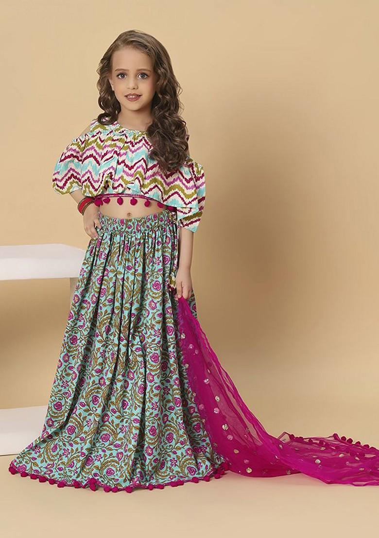 Turquoise Blue Printed Blended Lehenga Choli For Girls - Indya