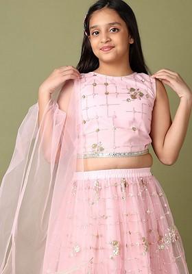 Pink Embellished Blended Lehenga Choli For Girls