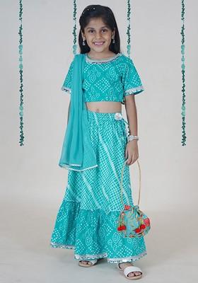 Turquoise Blue Printed Blended Lehenga Choli For Girls