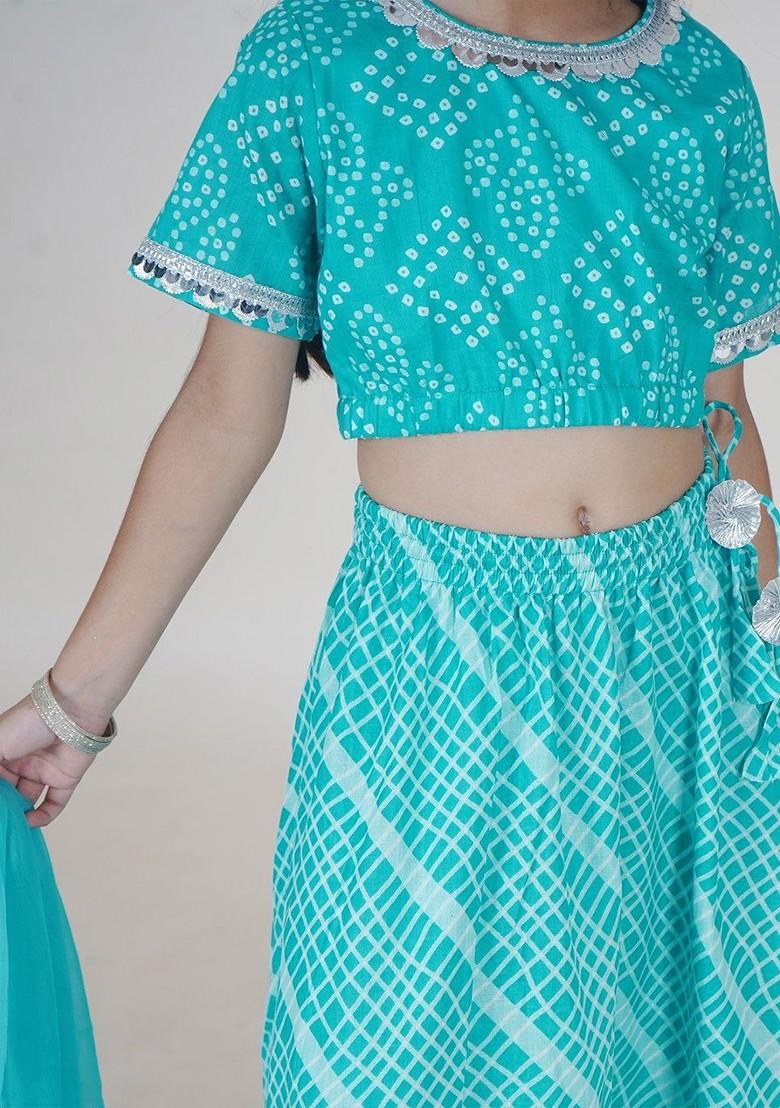 Turquoise Blue Printed Blended Lehenga Choli For Girls - Indya