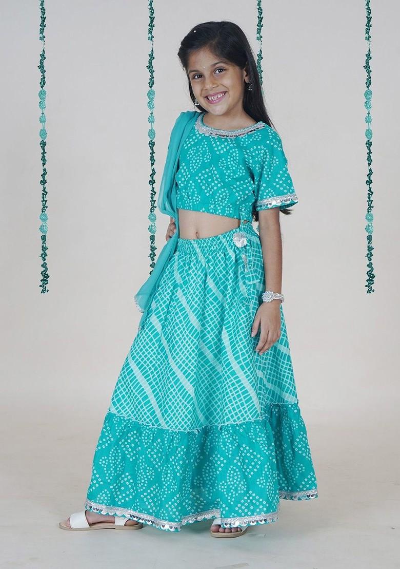 Turquoise Blue Printed Blended Lehenga Choli For Girls - Indya