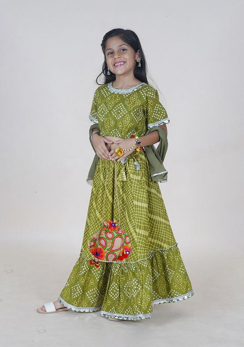 Green Printed Blended Lehenga Choli For Girls - Indya