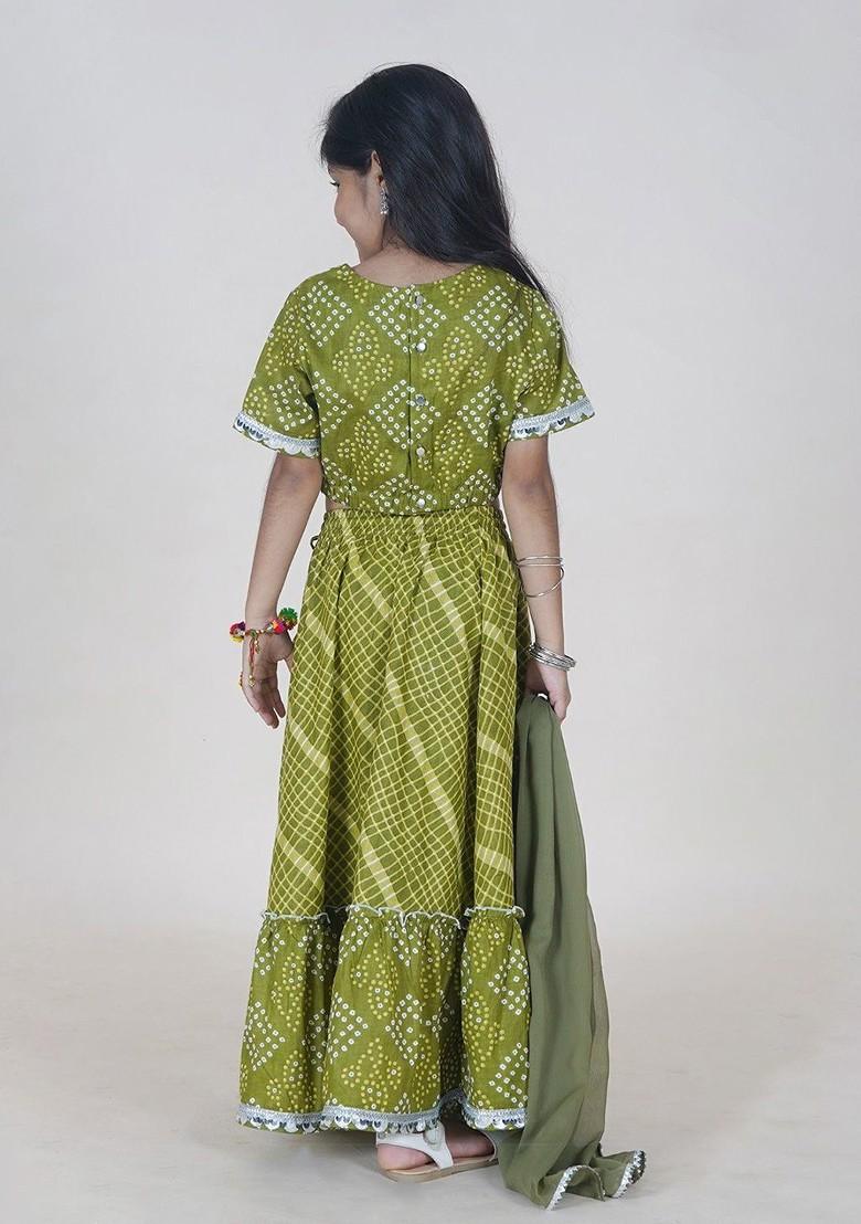 Green Printed Blended Lehenga Choli For Girls - Indya