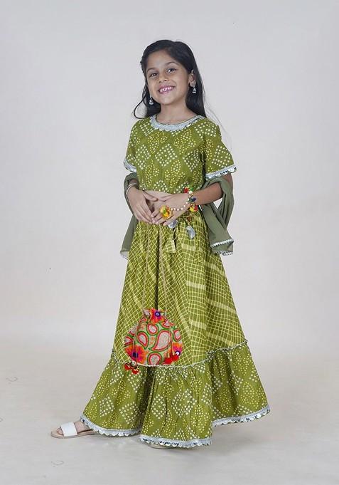 Green Printed Blended Lehenga Choli For Girls — view on Indya