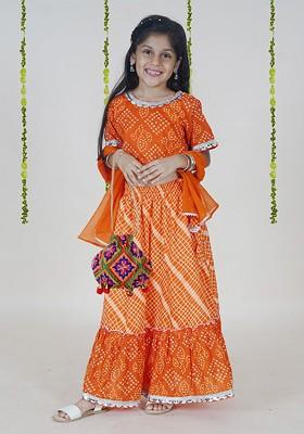 Orange Printed Blended Lehenga Choli For Girls