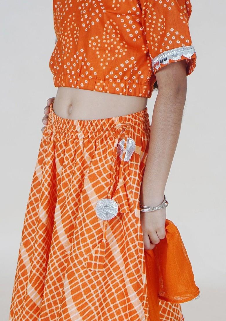 Orange Printed Blended Lehenga Choli For Girls - Indya