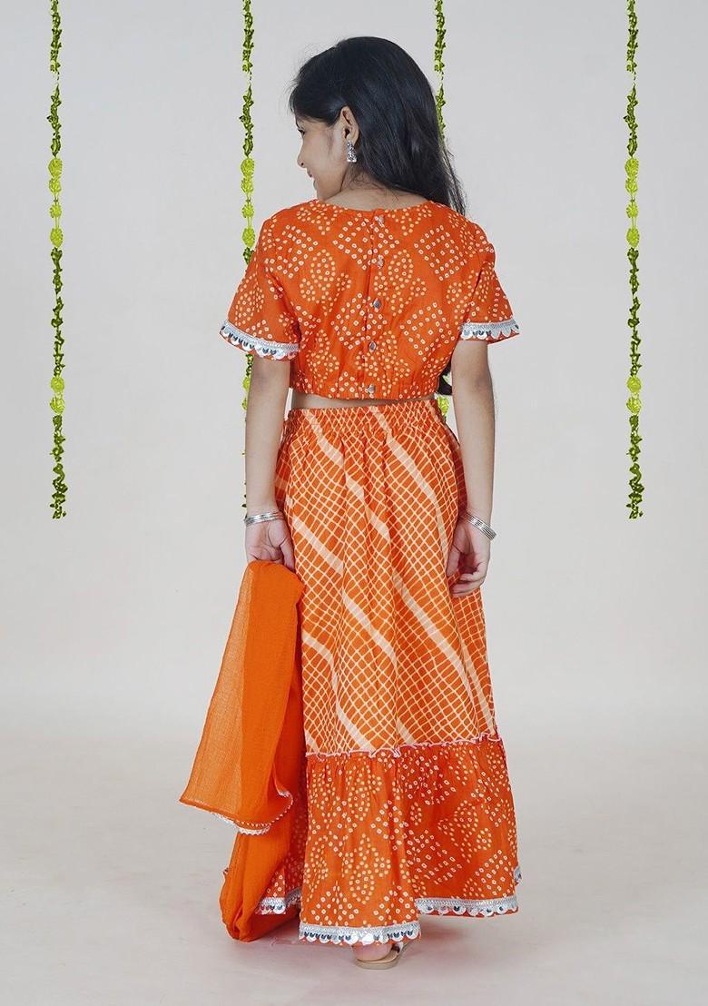 Orange Printed Blended Lehenga Choli For Girls - Indya