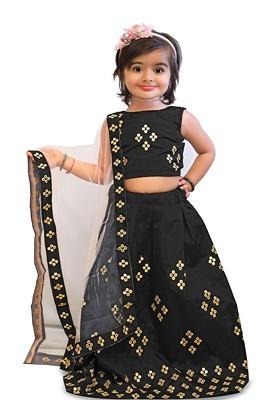 Black Embroidered Blended Lehenga Choli For Girls