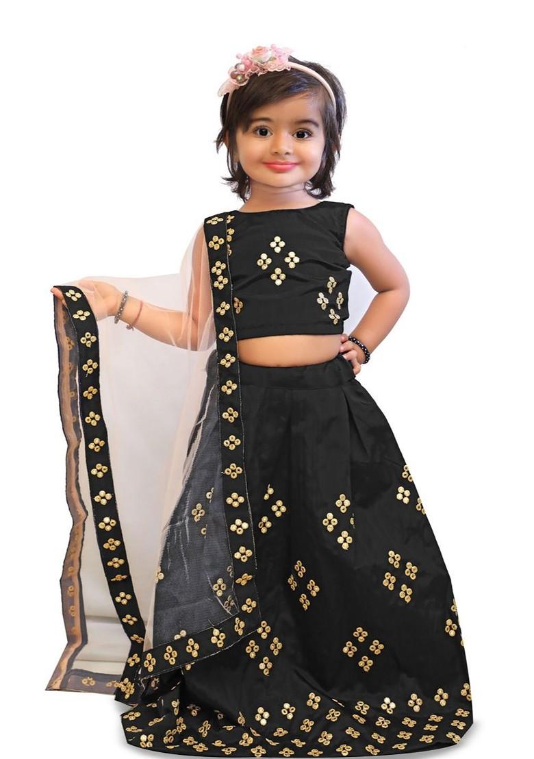 Black Embroidered Blended Lehenga Choli For Girls - Indya