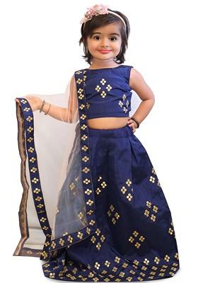 Blue Embroidered Blended Lehenga Choli For Girls