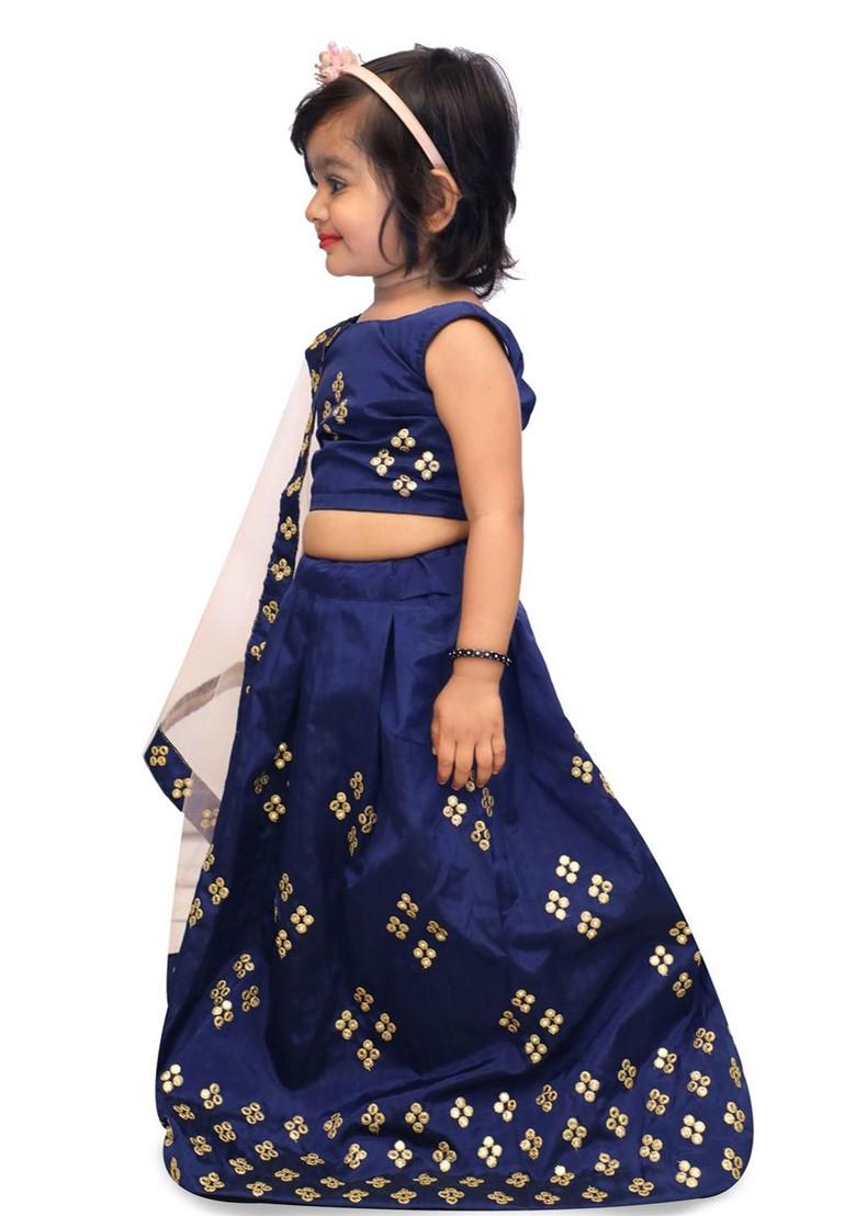 Blue Embroidered Blended Lehenga Choli For Girls - Indya